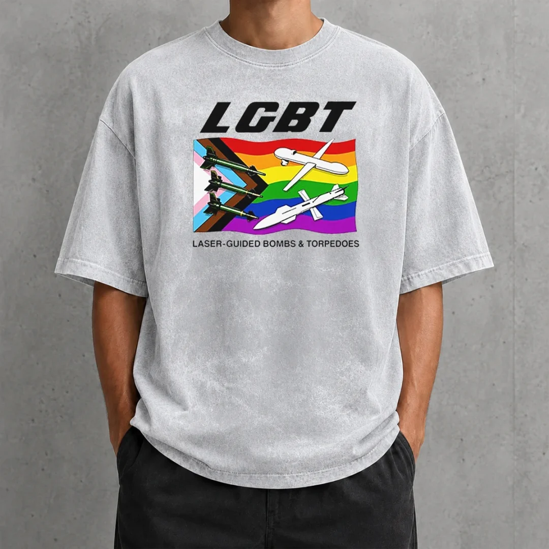 official-lgbt-laser-guided-bombs-and-torpedoes-flag-washed-t-shirt Official LGBT Laser Guided Bombs And Torpedoes Flag washed t shirt front view showing vibrant colors and soft fabric