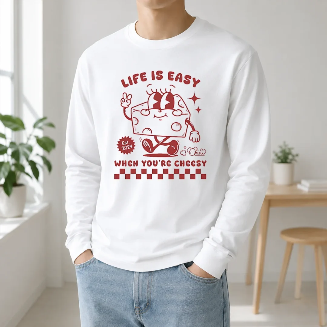 Official Life Is Easy When You'Re Cheesy Retro Cheese Character Long Sleeve Shirt Official Life Is Easy When You'Re Cheesy Retro Cheese Character Long Sleeve Shirt