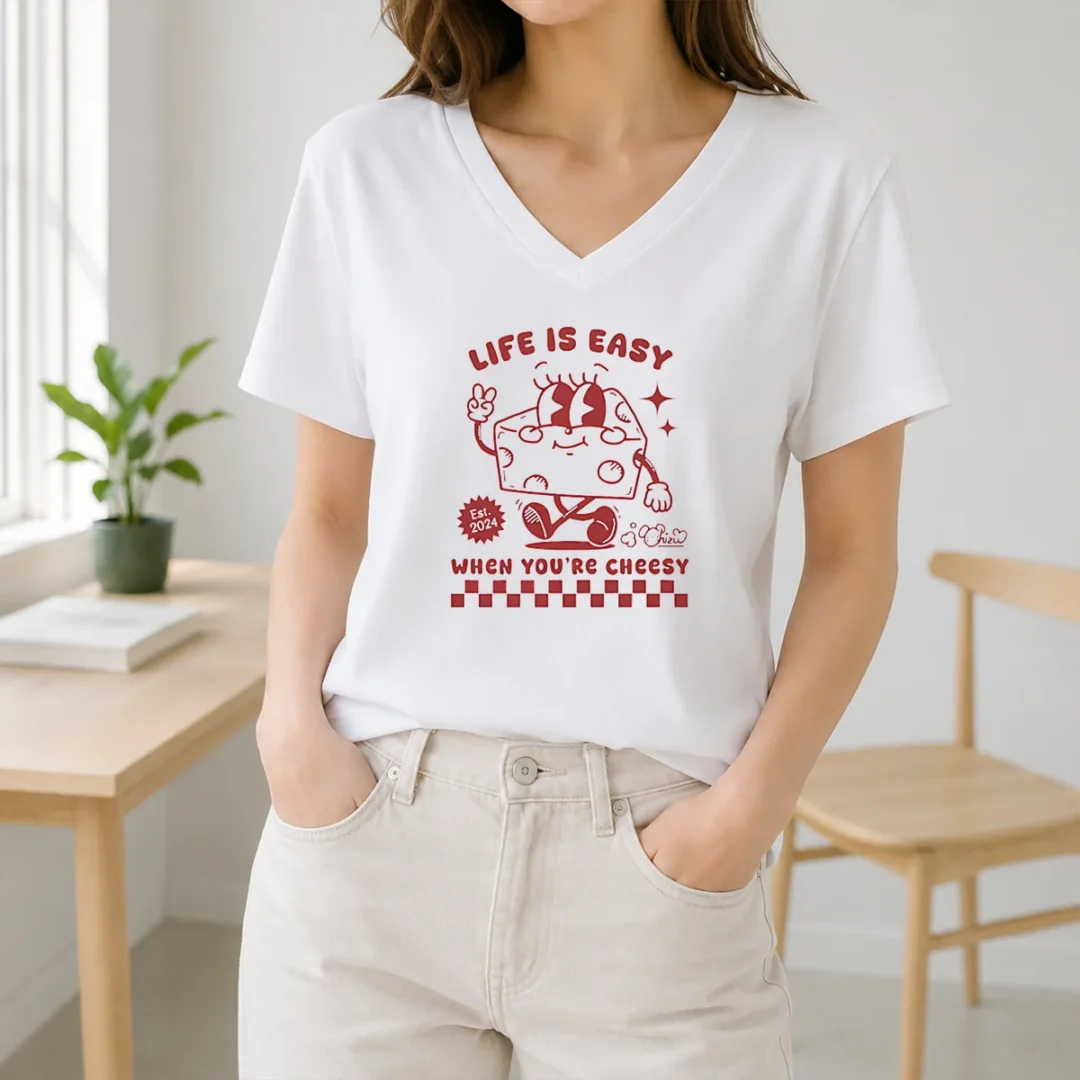 Official Life Is Easy When You'Re Cheesy Retro Cheese Character V Neck Shirt Official Life Is Easy When You'Re Cheesy Retro Cheese Character V-Neck Shirt