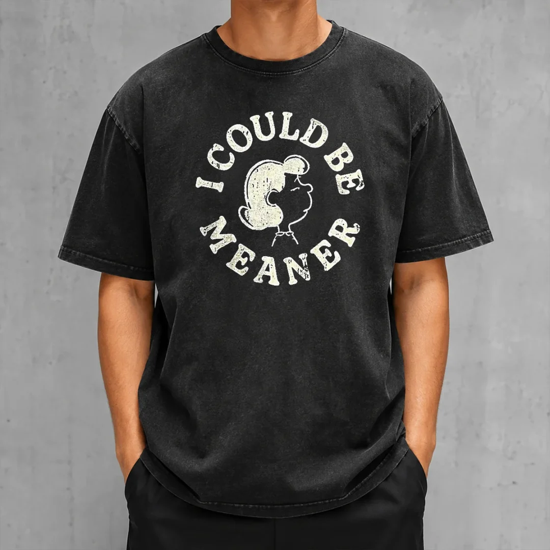 official-lucy-peanuts-i-could-be-meaner-washed-t-shirt Official Lucy Peanuts I Could Be Meaner washed t shirt in faded black showing front graphic and crew neckline