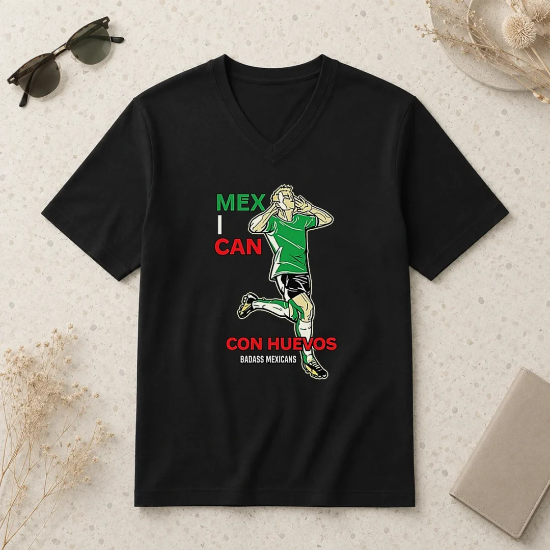 official-mexican-con-huevos-badass-mexicans-mexico-soccer-v-neck-shirt Official Mexican Con Huevos Badass Mexicans Mexico Soccer V Neck Shirt in dark color with bold graphic design