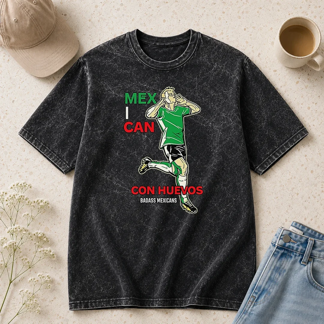 official-mexican-con-huevos-badass-mexicans-mexico-soccer-washed-t-shirt Official Mexican Con Huevos Badass Mexicans Mexico Soccer Washed T Shirt in faded green color with bold graphic print