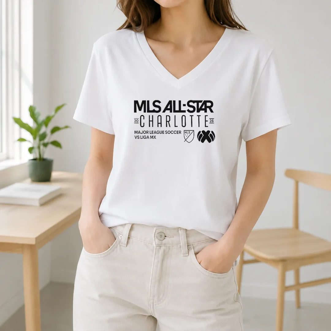 Official MLS All Star Charlotte 2026 Major League Soccer Vs Liga MX V Neck Official MLS All Star Charlotte 2026 Major League Soccer Vs Liga MX V Neck Shirt in navy blue with event logo