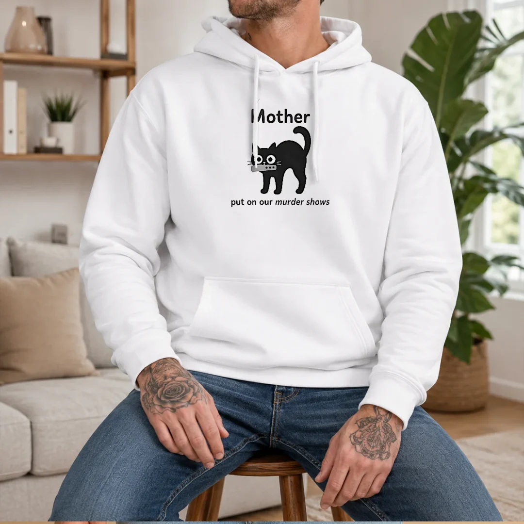official-mother-put-on-our-murder-shows-black-cat-hoodie Official Mother Put On Our Murder Shows Black Cat Hoodie in black, featuring a cozy pullover design with front pocket