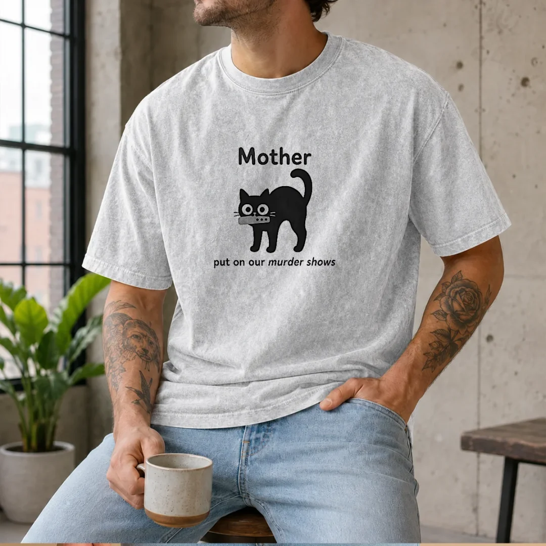 official-mother-put-on-our-murder-shows-black-cat-washed-t-shirt Official Mother Put On Our Murder Shows Black Cat Washed T Shirt in black, featuring a soft washed cotton fabric and classic fit