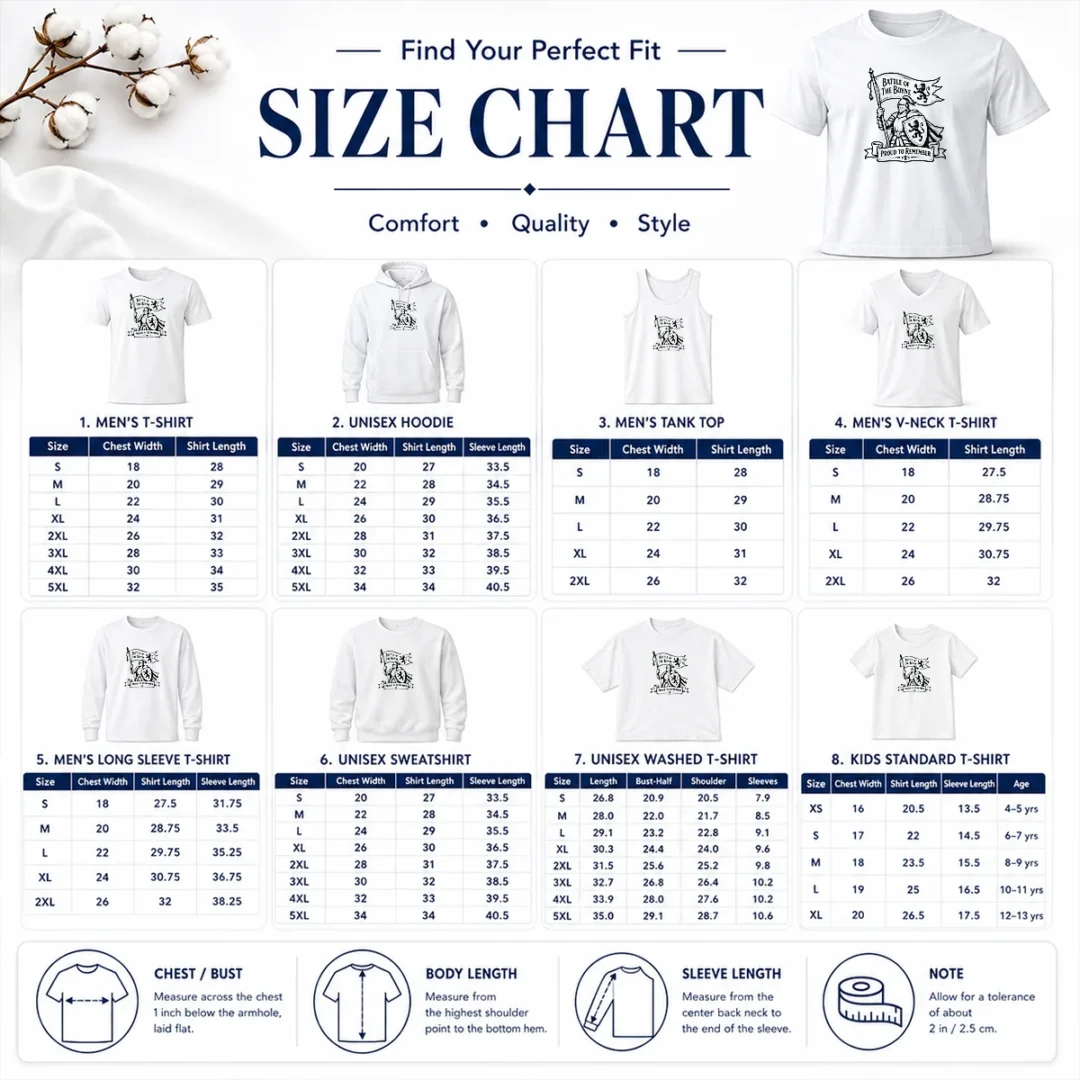 Official Nice Battle Of The Boyne Pride Line Art Size Chart Size chart for Official Nice Battle Of The Boyne Pride Line Art showing measurements in inches and cm
