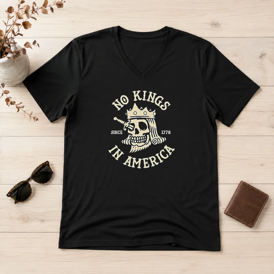 official-no-kings-in-america-since-1776-skull-american-history-v-neck-shirt Official No Kings In America Since 1776 Skull American History V Neck Shirt in black cotton fabric