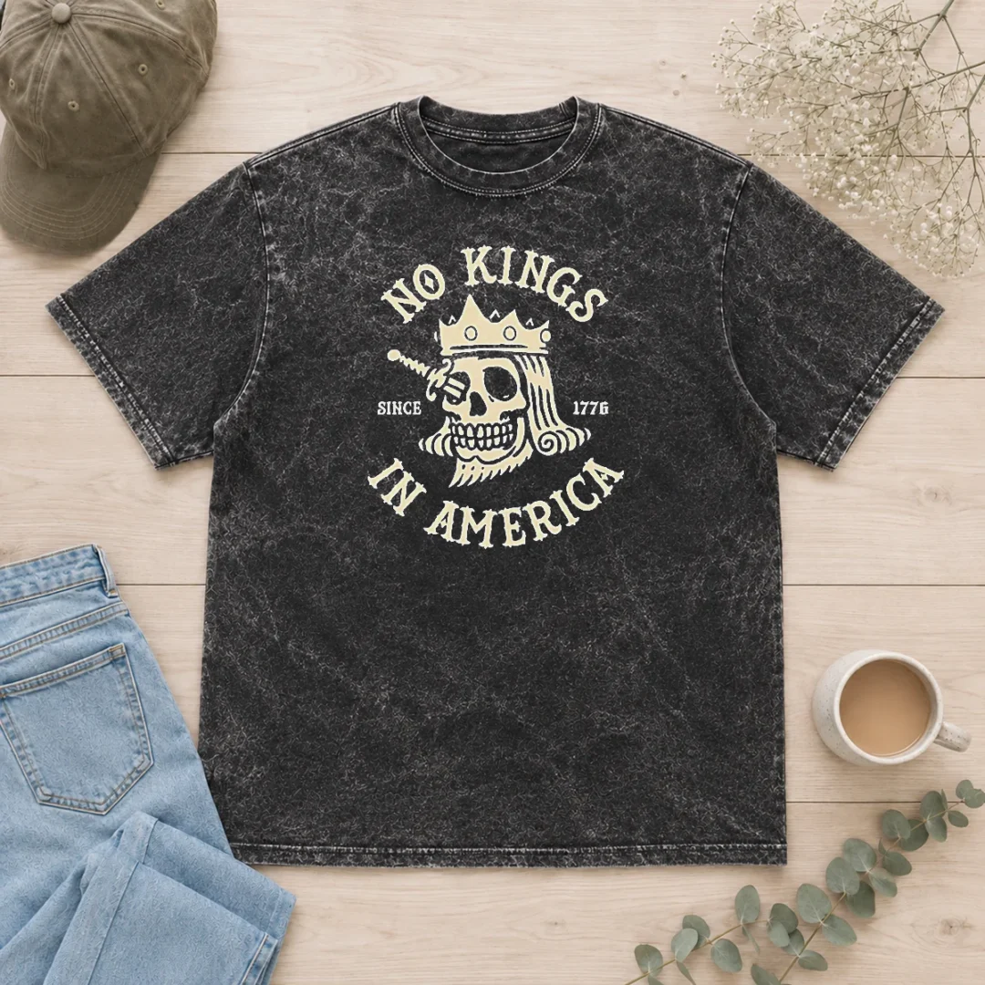 official-no-kings-in-america-since-1776-skull-american-history-washed-t-shirt Official No Kings In America Since 1776 Skull American History Washed T-Shirt
