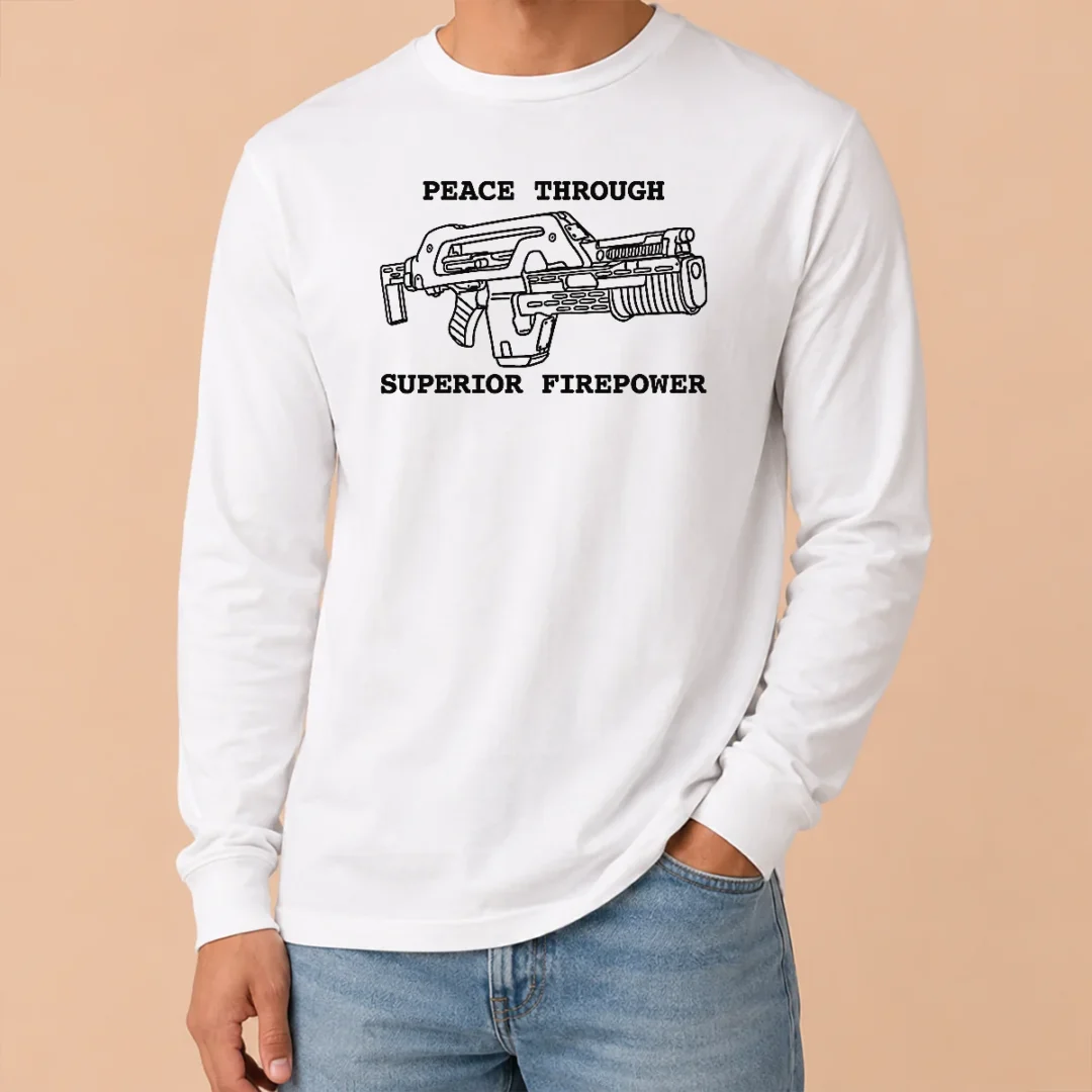 Official Peace Through Superior Firepower Long Sleeve Official Peace Through Superior Firepower Long Sleeve Shirt in black, featuring bold graphic print on front