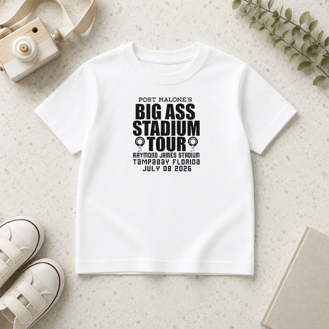 official-post-malone-big-ass-stadium-tour-raymond-james-stadium-tampa-bay-2026-kids-t-shirt Official Post Malone Big Ass Stadium Tour Raymond James Stadium Tampa Bay 2026 Kids T Shirt featuring vibrant tour graphics on a comfortable cotton fabric