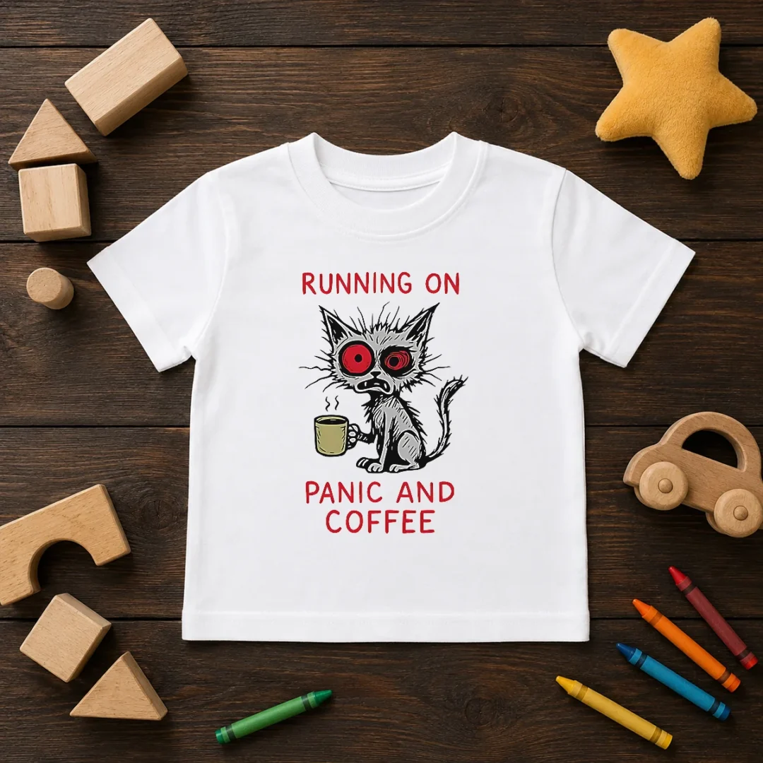 official-running-on-panic-and-coffee-cat-caffeine-kids-t-shirt Official Running On Panic And Coffee Cat Caffeine Kids T-Shirt