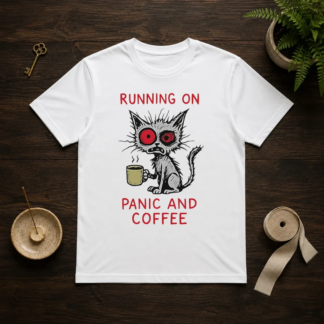 official-running-on-panic-and-coffee-cat-caffeine-t-shirt-1 Official Running On Panic And Coffee Cat Caffeine t shirt in classic fit with short sleeves and round neckline
