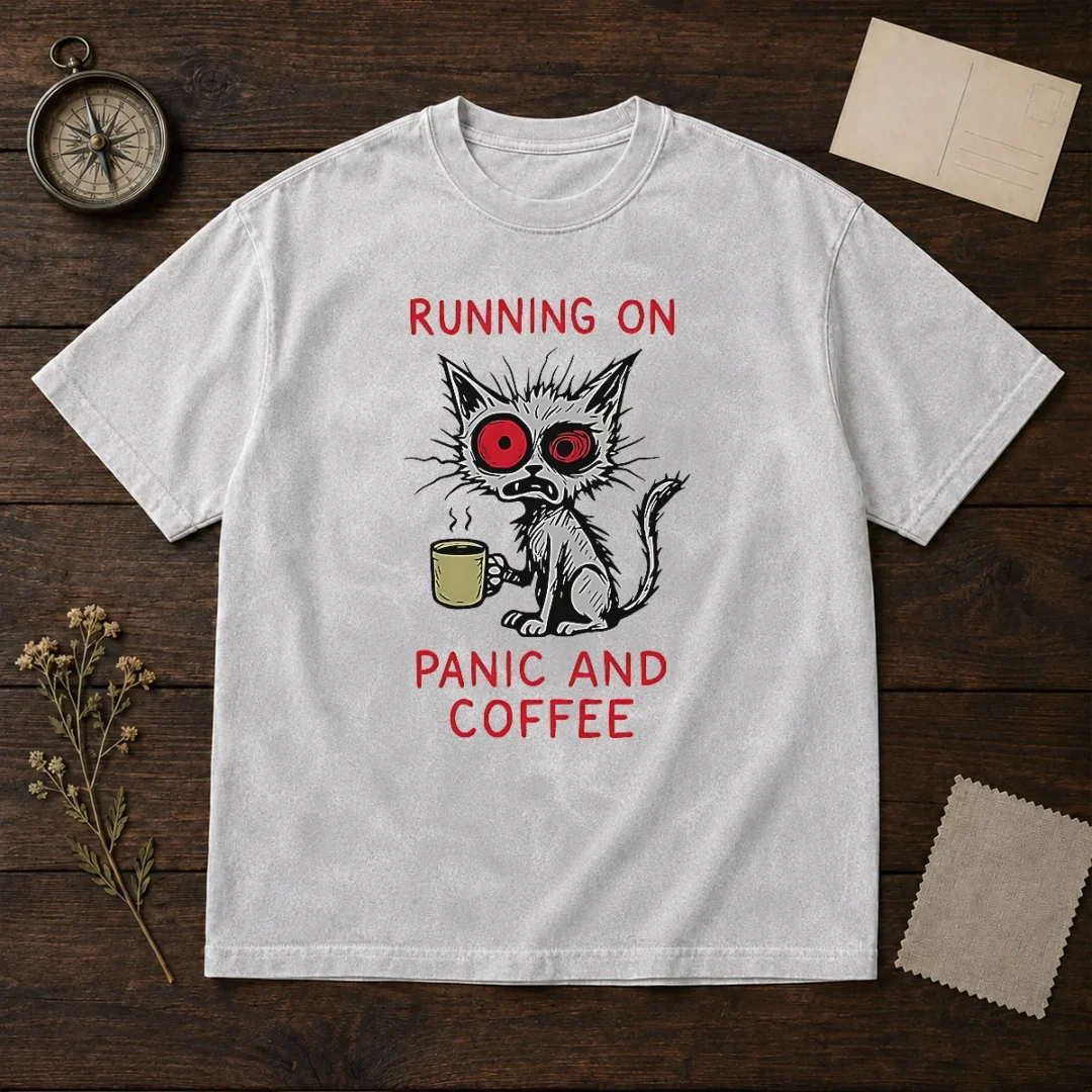 official-running-on-panic-and-coffee-cat-caffeine-washed-t-shirt Official Running On Panic And Coffee Cat Caffeine washed t shirt in soft vintage style fabric