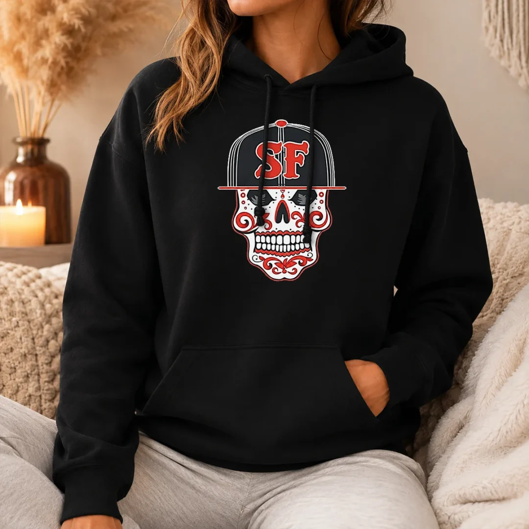 Official Sf Sugar Skull San Francisco Hat Hoodie Official Sf Sugar Skull San Francisco Hat Hoodie in black with vibrant sugar skull design on front