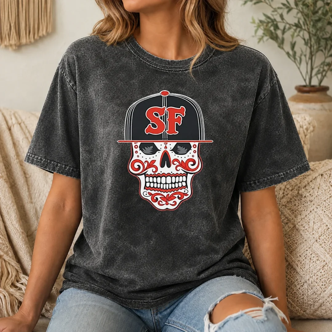 Official Sf Sugar Skull San Francisco Hat Washed T Shirt Official Sf Sugar Skull San Francisco Hat Washed T Shirt showing front design on soft washed cotton fabric