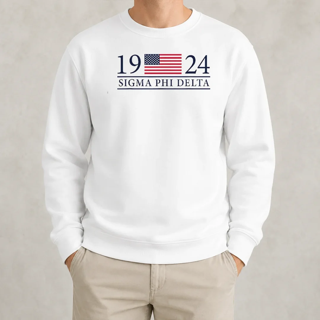 official-sigma-phi-delta-1924-american-flag-fraternity-sweater Official Sigma Phi Delta 1924 American Flag Fraternity sweater in navy blue with bold American flag design