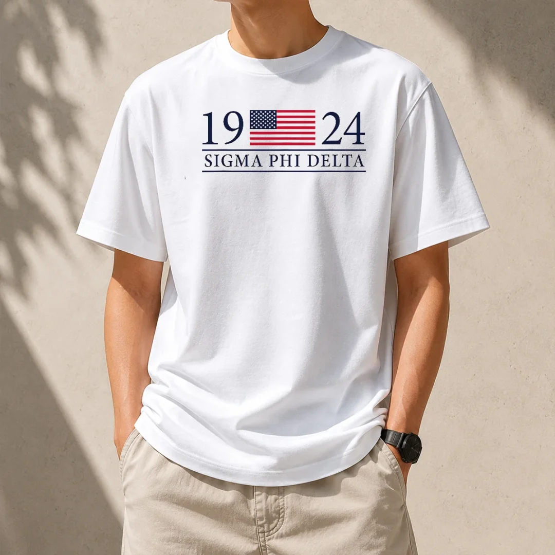 official-sigma-phi-delta-1924-american-flag-fraternity-t-shirt Official Sigma Phi Delta 1924 American Flag Fraternity t shirt in classic crew neck style with patriotic design