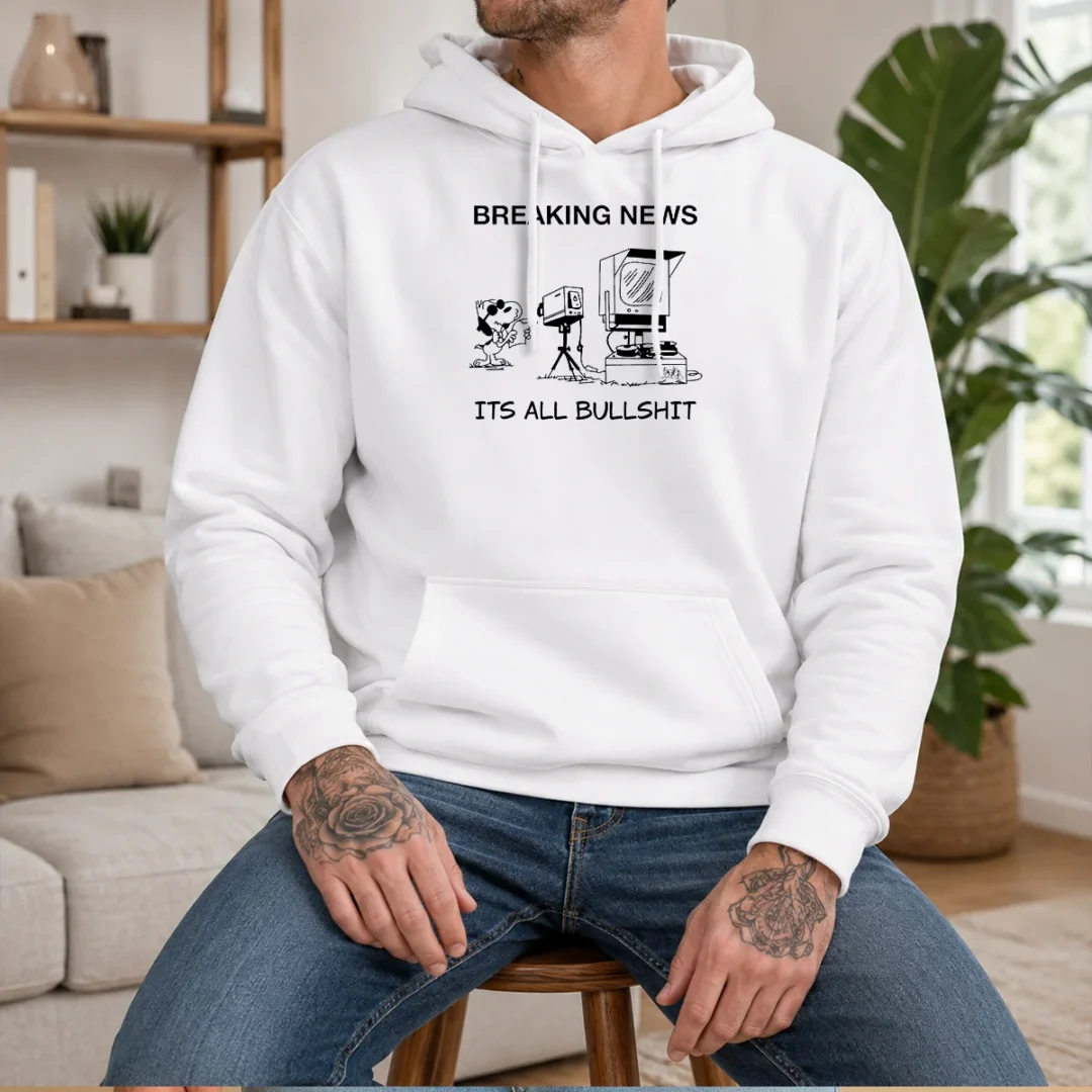 official-snoopy-at-news-camera-breaking-news-it-s-all-bullshit-hoodie Official Snoopy At News Camera Breaking News It'S All Bullshit Hoodie in black, front view with printed graphic