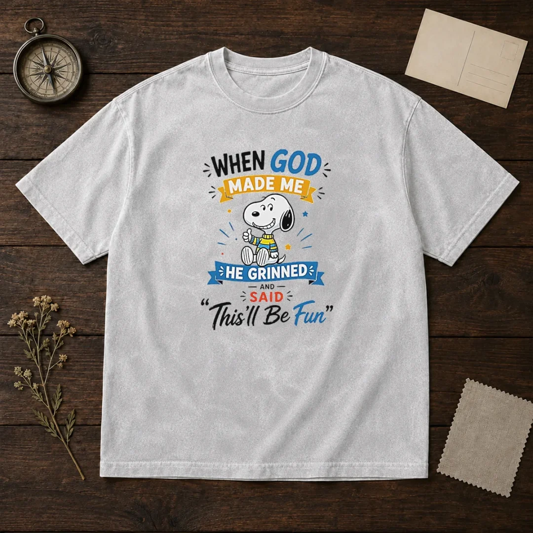 official-snoopy-peanuts-when-god-made-me-he-grinned-and-said-thisll-be-fun-washed-t-shirt-1 Official Snoopy Peanuts When God Made Me He Grinned And Said Thisll Be Fun washed t shirt in soft fabric with printed graphic