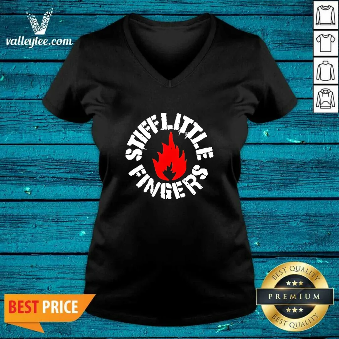 official-stiff-little-fingers-circular-badge-logo-with-flame-emblem-centered-inside-v-neck-shirt Official Stiff Little Fingers Circular Badge Logo With Flame Emblem Centered Inside V Neck Shirt showing front design on black fabric