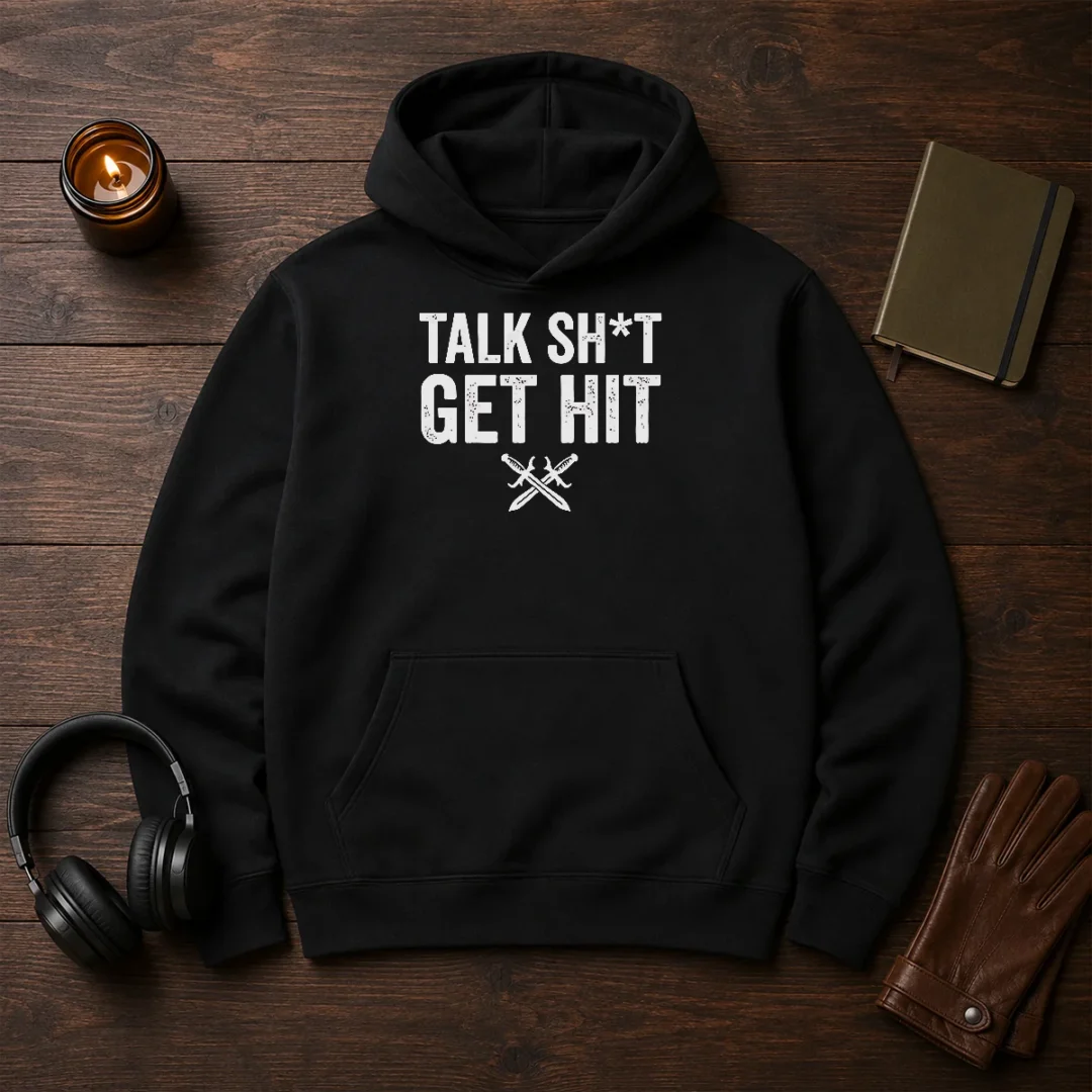 official-talk-sht-get-hit-crossed-swords-hoodie Official Talk Sht Get Hit Crossed Swords Hoodie in black with bold crossed swords graphic on front