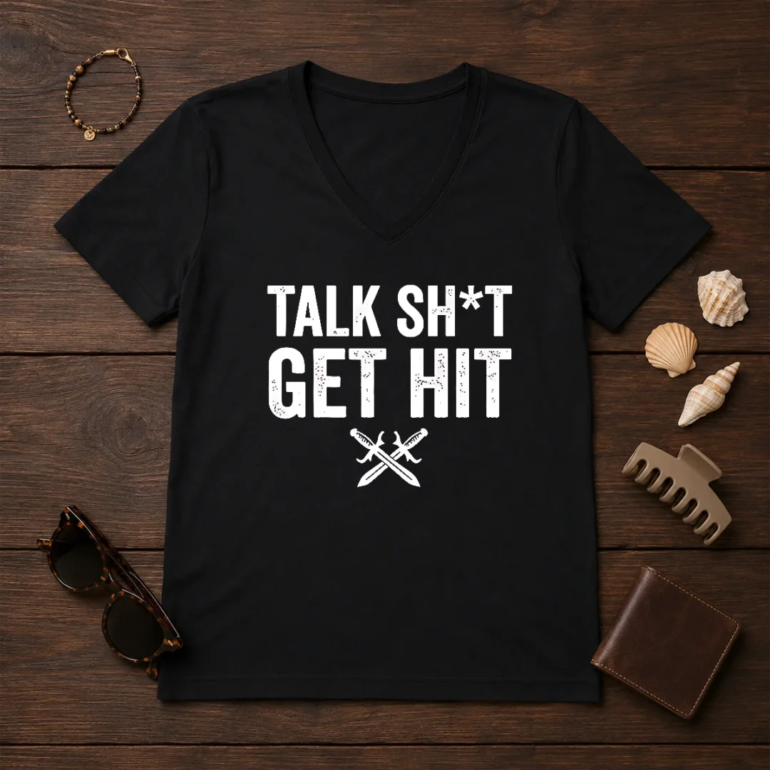 official-talk-sht-get-hit-crossed-swords-v-neck Official Talk Sht Get Hit Crossed Swords V Neck Shirt in black with graphic design on front