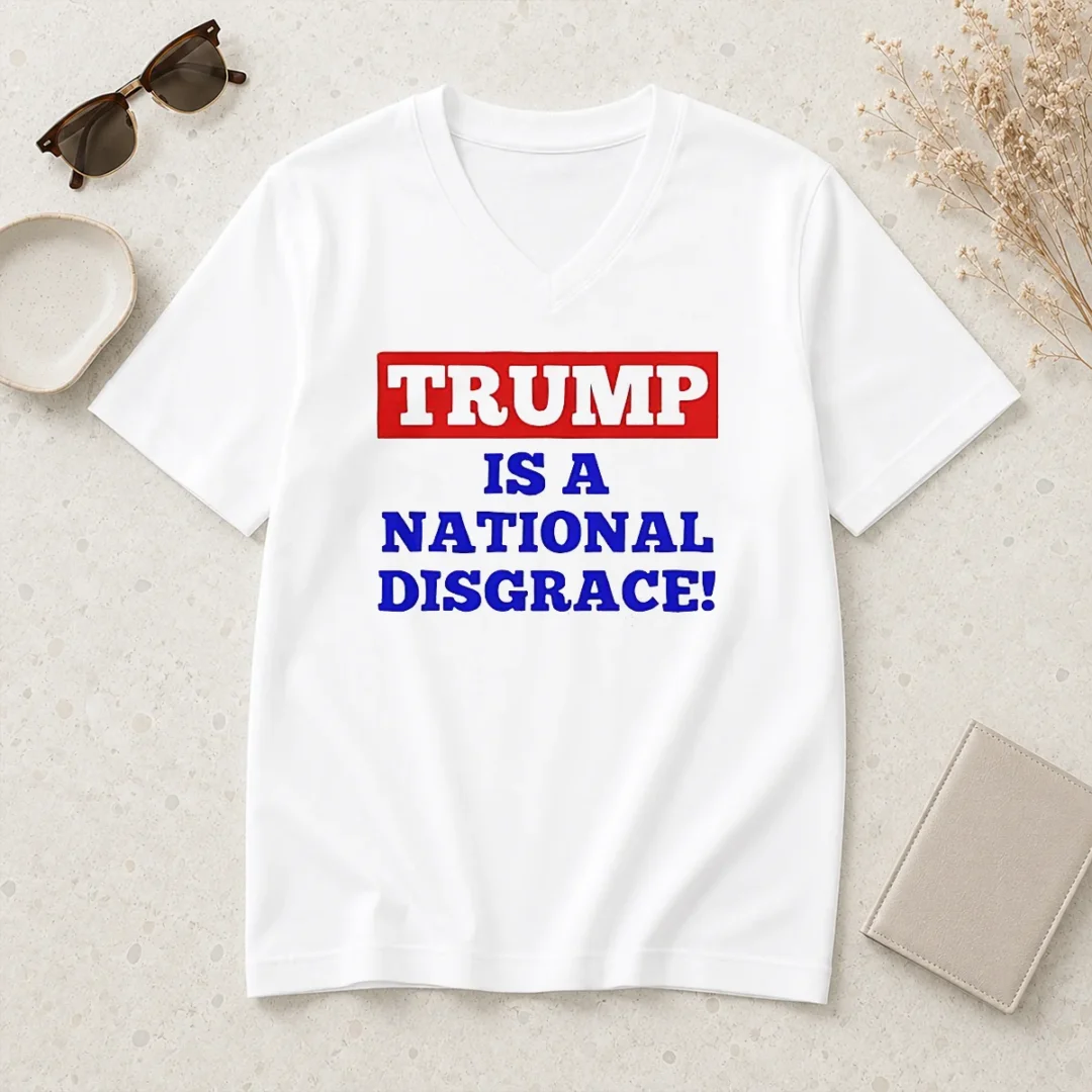 official-trump-is-a-national-disgrace-political-protest-v-neck-shirt Official Trump Is A National Disgrace Political Protest V Neck Shirt in black, featuring bold white text graphic on front