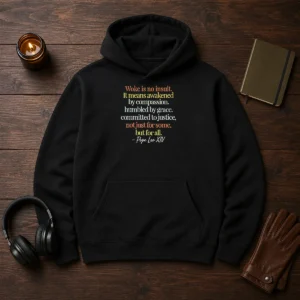 Awesome Woke Is No Insult Pope Leo XIV Quote Hoodie in black, featuring bold white text on the front