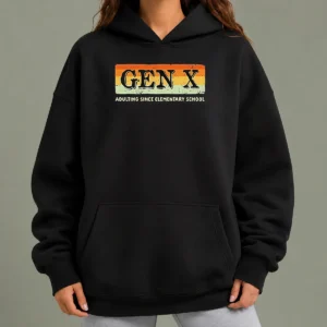Premium Gen X Adulting Since Elementary School hoodie in dark gray, front view with kangaroo pocket and drawstring hood