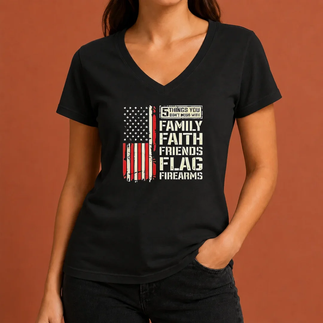 original-5-things-you-don-t-mess-with-family-faith-friends-flag-firearms-v-neck-shirt Original 5 Things You Don'T Mess With Family Faith Friends Flag Firearms V Neck Shirt in charcoal gray, short sleeve casual wear