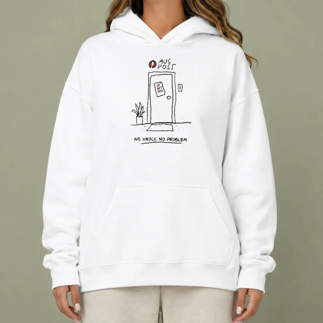 original-aus-post-no-knock-no-problem-hoodie Original Aus Post No Knock No Problem Hoodie in black with front pocket and drawstring hood