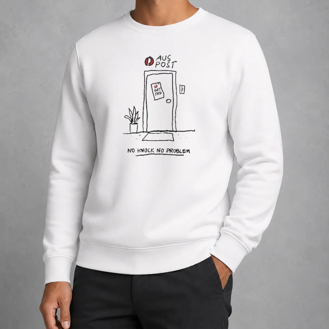 original-aus-post-no-knock-no-problem-sweater Original Aus Post No Knock No Problem Sweater in classic crewneck style with bold front print