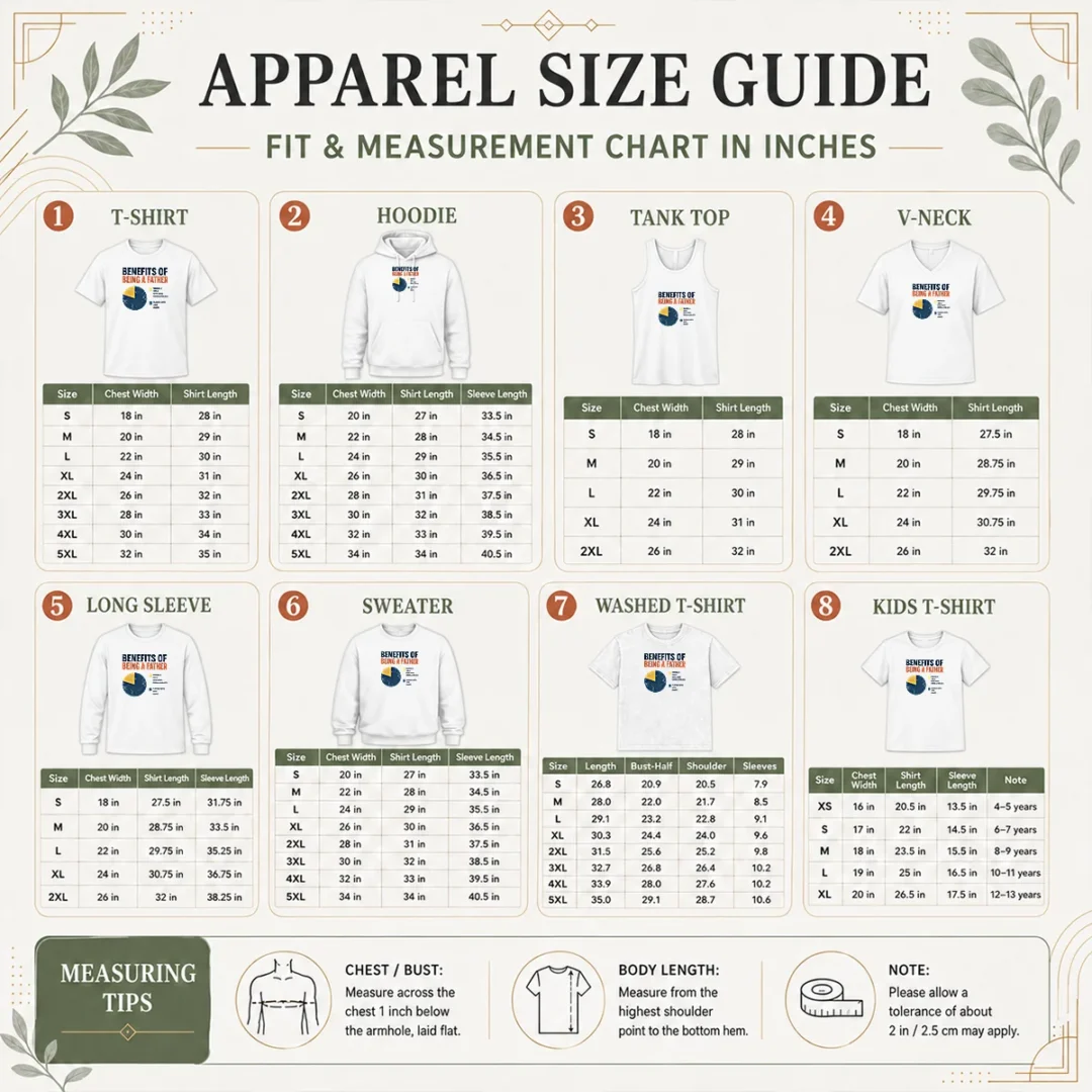 original-benefits-of-being-a-father-size-chart Size chart for Original Benefits Of Being A Father with measurements in inches and cm