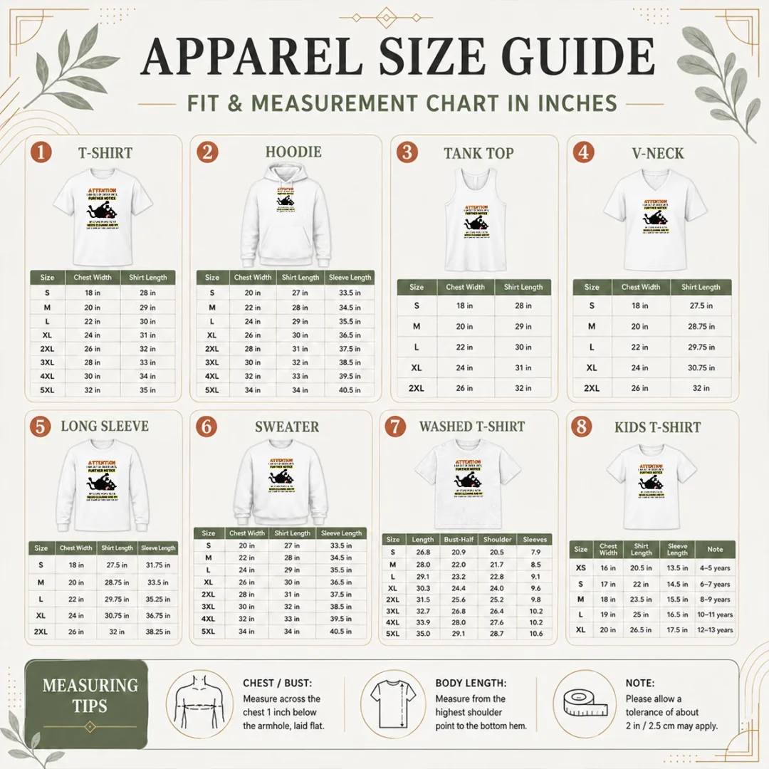 original-black-cat-attention-i-am-out-of-order-until-further-notice-size-chart Size chart for Original Black Cat Attention I Am Out Of Order Until Further Notice with measurements in inches and cm