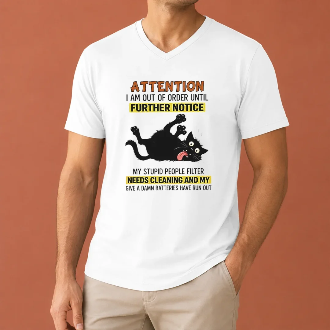 original-black-cat-attention-i-am-out-of-order-until-further-notice-v-neck-shirt Original Black Cat Attention I Am Out Of Order Until Further Notice V Neck Shirt in black, featuring a relaxed fit and soft fabric