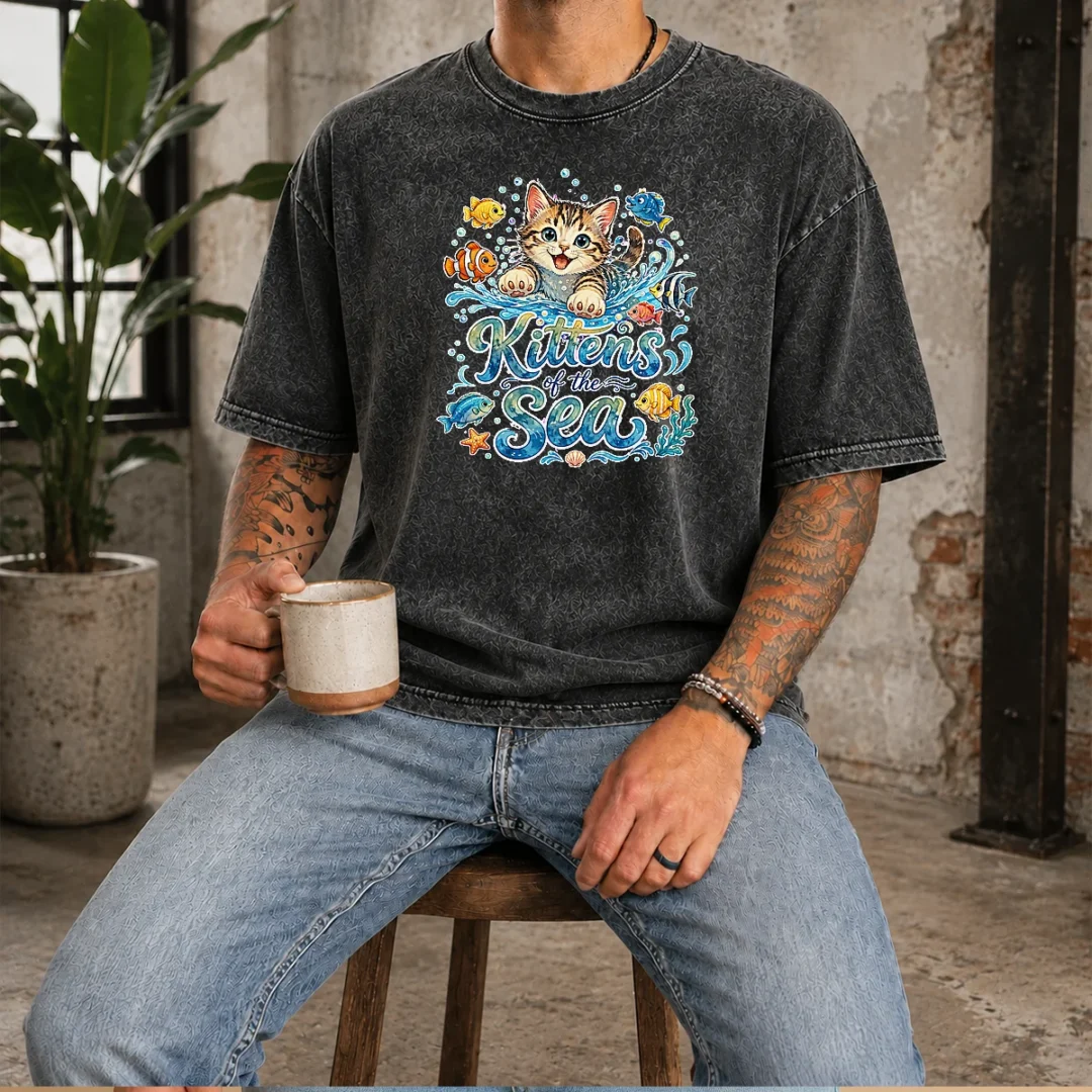 original-cute-kittens-of-the-sea-watercolor-line-art-washed-t-shirt Original Cute Kittens Of The Sea Watercolor Line Art printed on a soft washed t shirt in light gray
