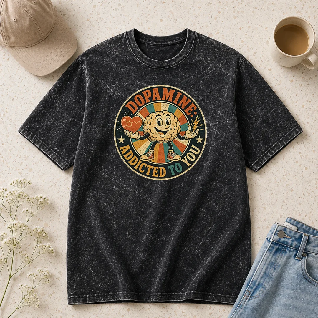 original-dopamine-addicted-to-you-vintage-badge-washed-t-shirt Original Dopamine Addicted To You Vintage Badge printed on a soft washed t shirt in light faded color