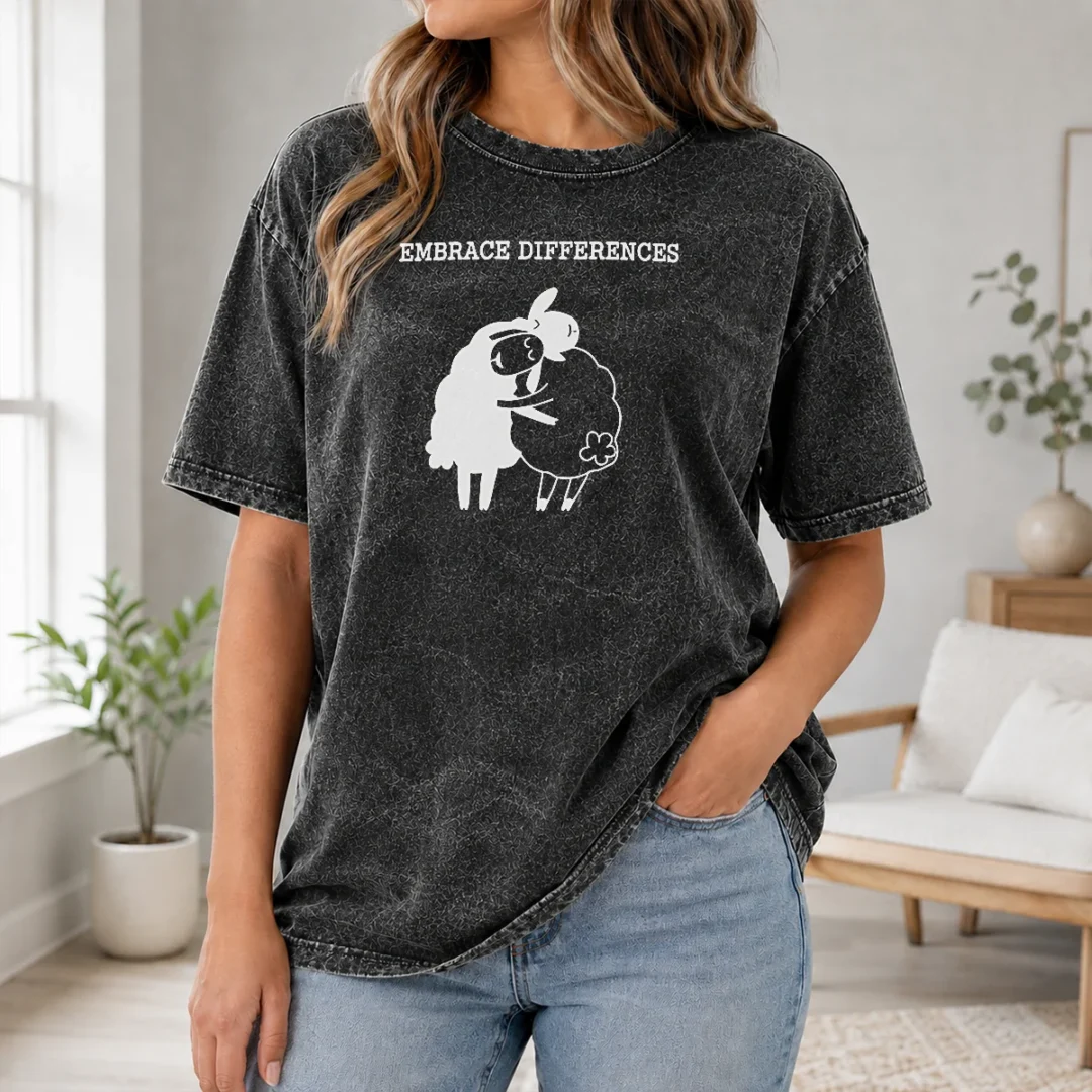 Original Embrace Differences Sheep Hug Hugging Inclusivity Washed T Shirt Original Embrace Differences Sheep Hug Hugging Inclusivity Washed T Shirt in soft cotton fabric with vibrant print
