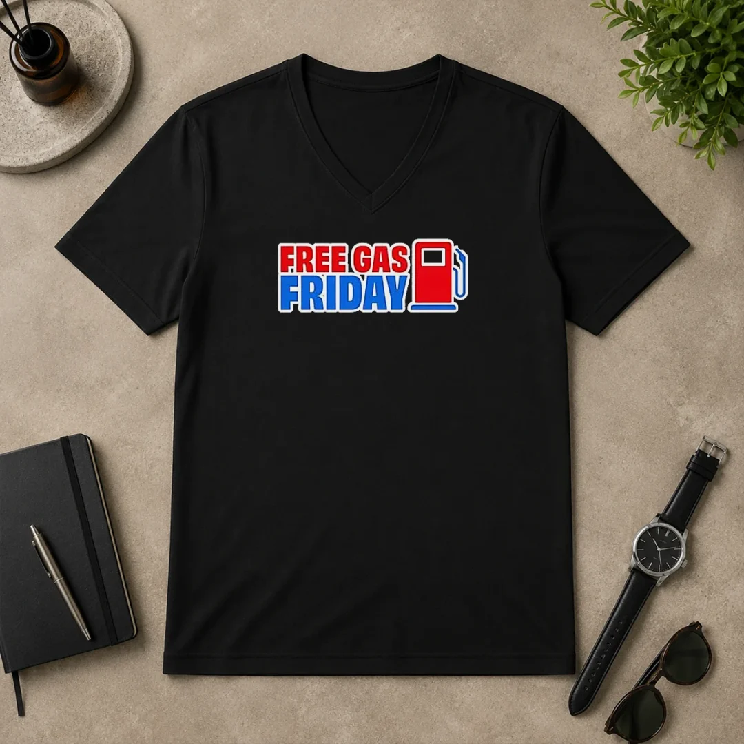 Original Free Gas Friday Gas Pump V Neck Shirt Original Free Gas Friday Gas Pump V Neck Shirt in charcoal gray, showing front graphic and V neckline