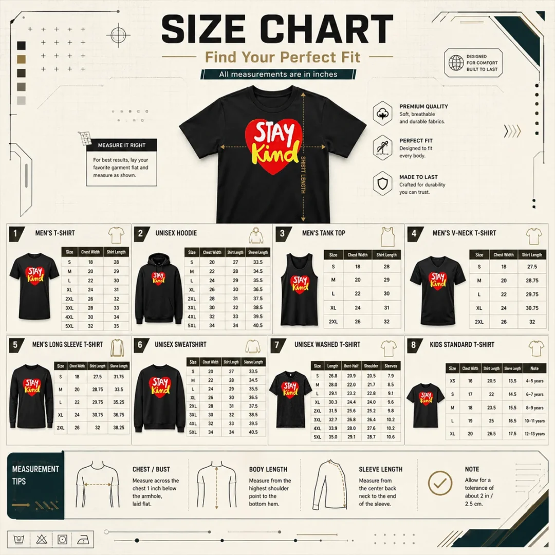 original-funny-stay-kind-heart-size-chart Size chart for Original Funny Stay Kind Heart showing measurements in inches and cm