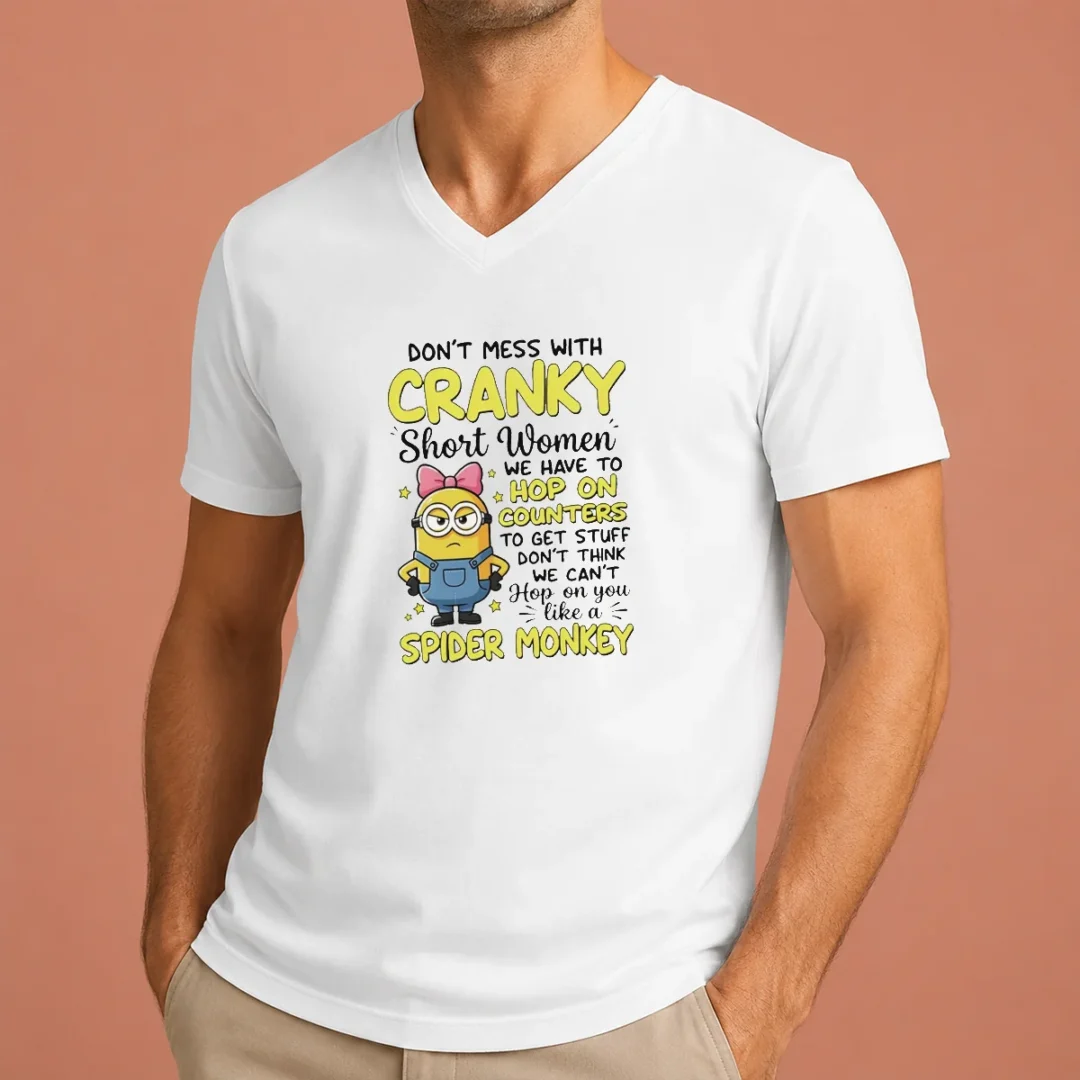 original-good-minion-dont-mess-with-cranky-short-women-we-have-to-hop-on-counters-to-get-stuff-dont-thin-v Original Good Minion Dont Mess With Cranky Short Women We Have To Hop On Counters To Get Stuff Dont Thin V Neck Shirt in black, front view