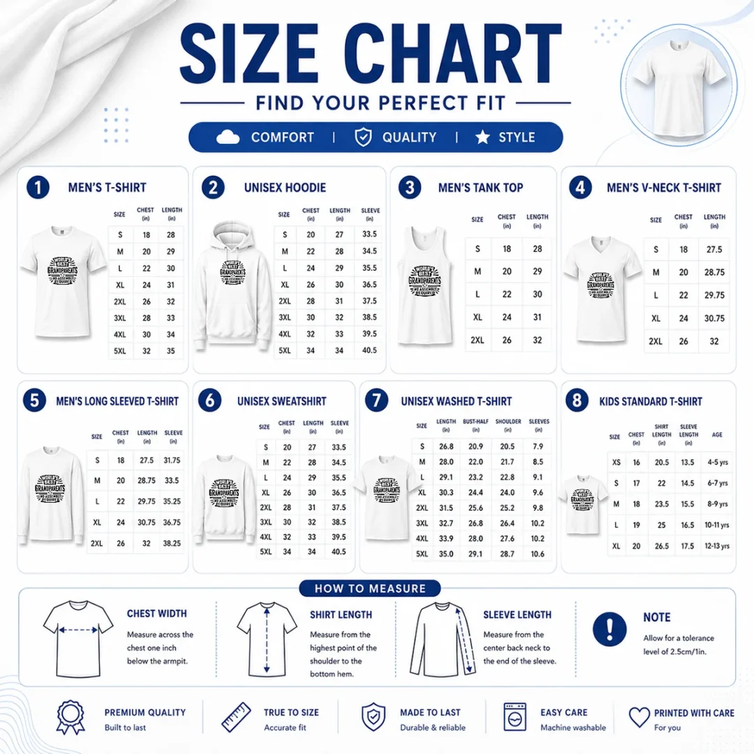 original-grandparents-day-stencil-shirt-worlds-best-no-assembly-neede-size-chart Size chart for Original Grandparents Day Stencil Shirt Worlds Best No Assembly Neede with measurements in inches and cm
