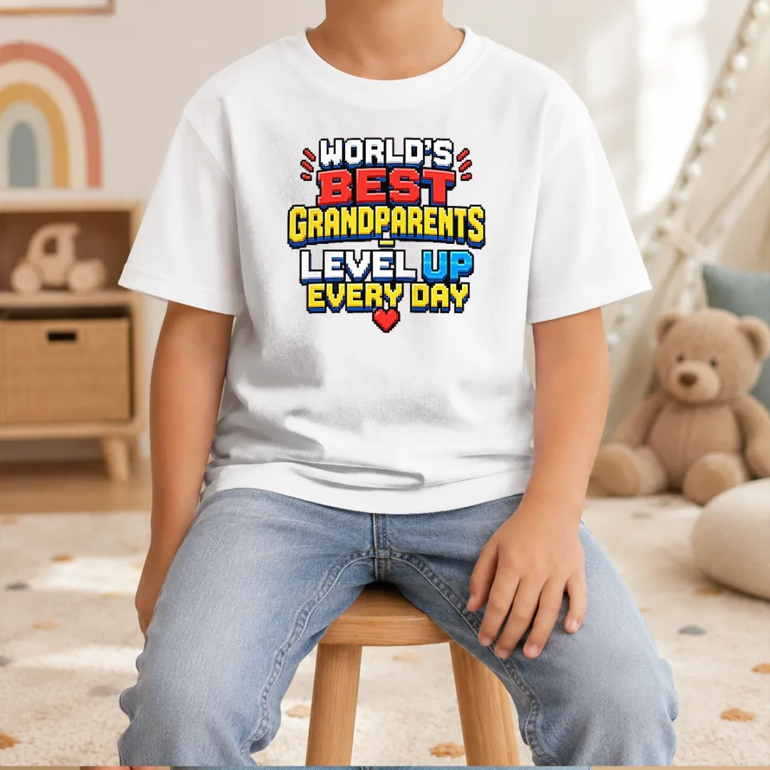 original-grandparents-day-worlds-best-pixel-kids-t-shirt Original Grandparents Day Worlds Best Pixel Kids T Shirt in bright blue, short-sleeve cotton tee for children