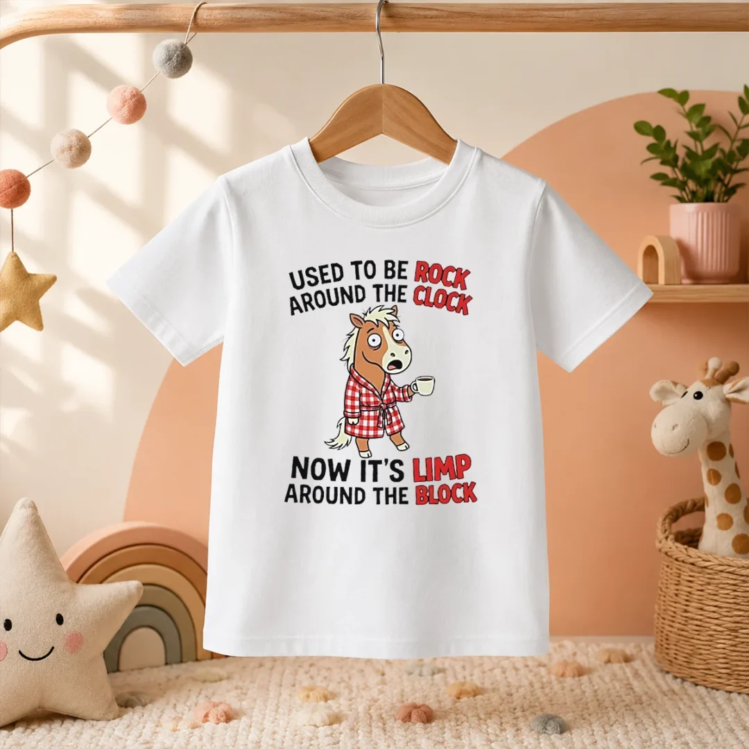 original-horse-used-to-be-rock-around-the-clock-now-it-s-limp-around-the-block-kids-t-shirt Original Horse Used To Be Rock Around The Clock Now It'S Limp Around The Block Kids T-Shirt