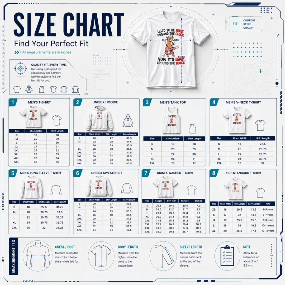 original-horse-used-to-be-rock-around-the-clock-now-it-s-limp-around-the-block-size-chart Size chart for Original Horse Used To Be Rock Around The Clock Now It'S Limp Around The Block with measurements in inches and cm