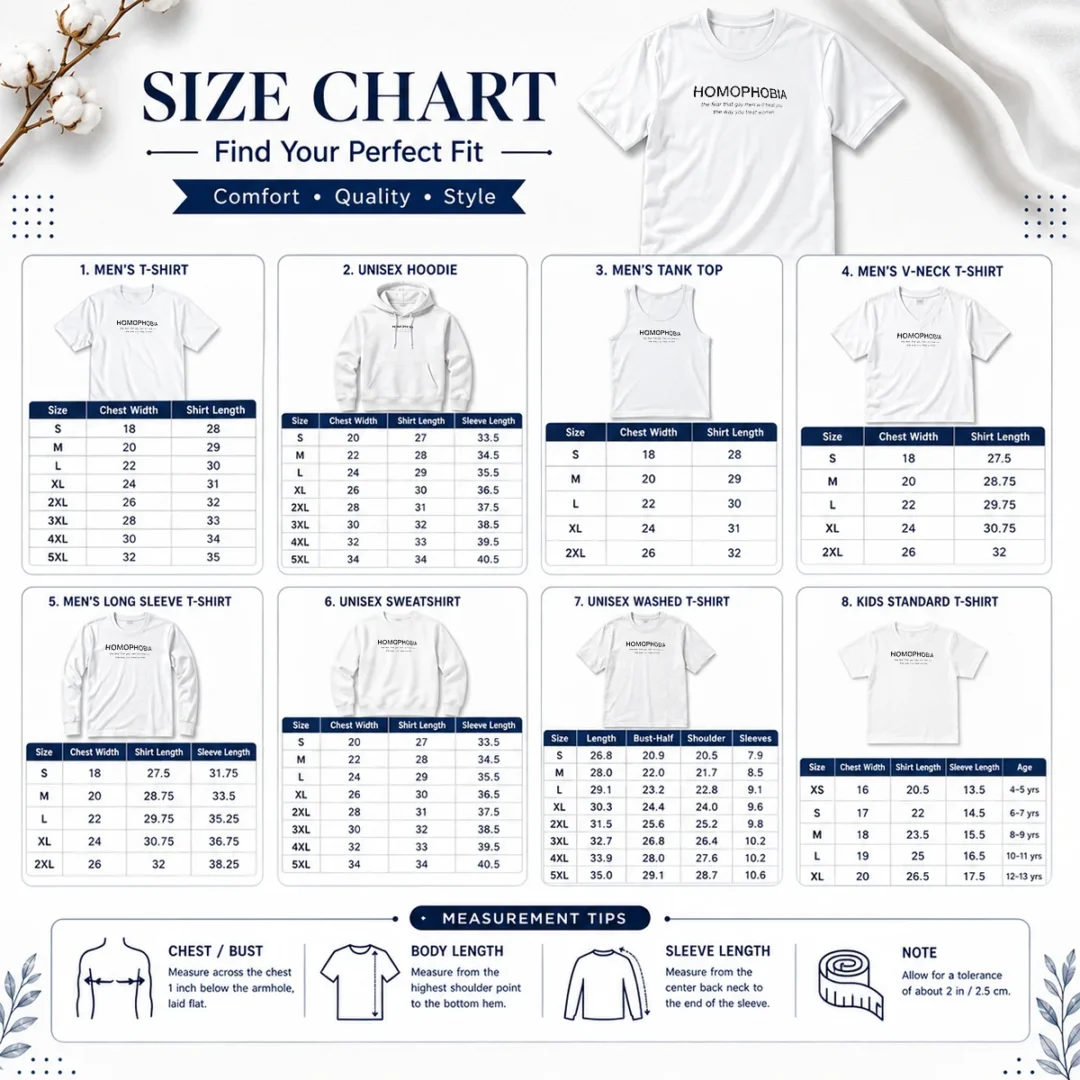 original-hot-homophobia-the-fear-that-gay-men-will-treat-you-the-way-you-treat-women-size-chart Size chart for Original Hot Homophobia shirt with measurements in inches and cm for accurate fit