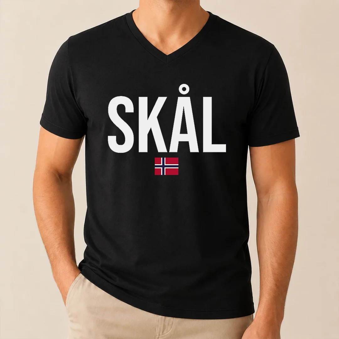 Original Hot Skal Norwegian Phrase Saying Gift Cheers In Norway V Neck Shirt Original Hot Skal Norwegian Phrase Saying Gift Cheers In Norway V Neck Shirt in black, featuring a classic v neck cut