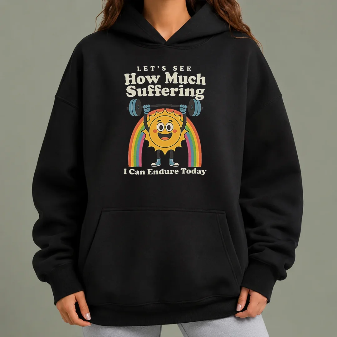 original-how-much-suffering-hoodie Original How Much Suffering Hoodie in black with front pocket and adjustable drawstring hood