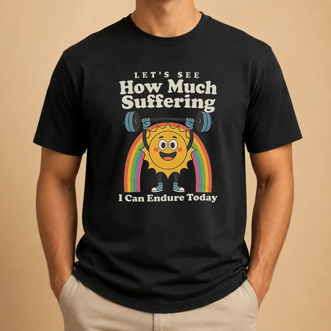 original-how-much-suffering-t-shirt-1 Original How Much Suffering t shirt in black, front view with bold white text graphic