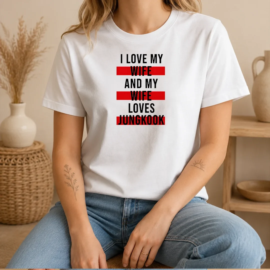 original-i-love-my-wife-and-my-wife-loves-jungkook-t-shirt-1 Original I Love My Wife And My Wife Loves Jungkook t shirt in classic fit, white color, front view